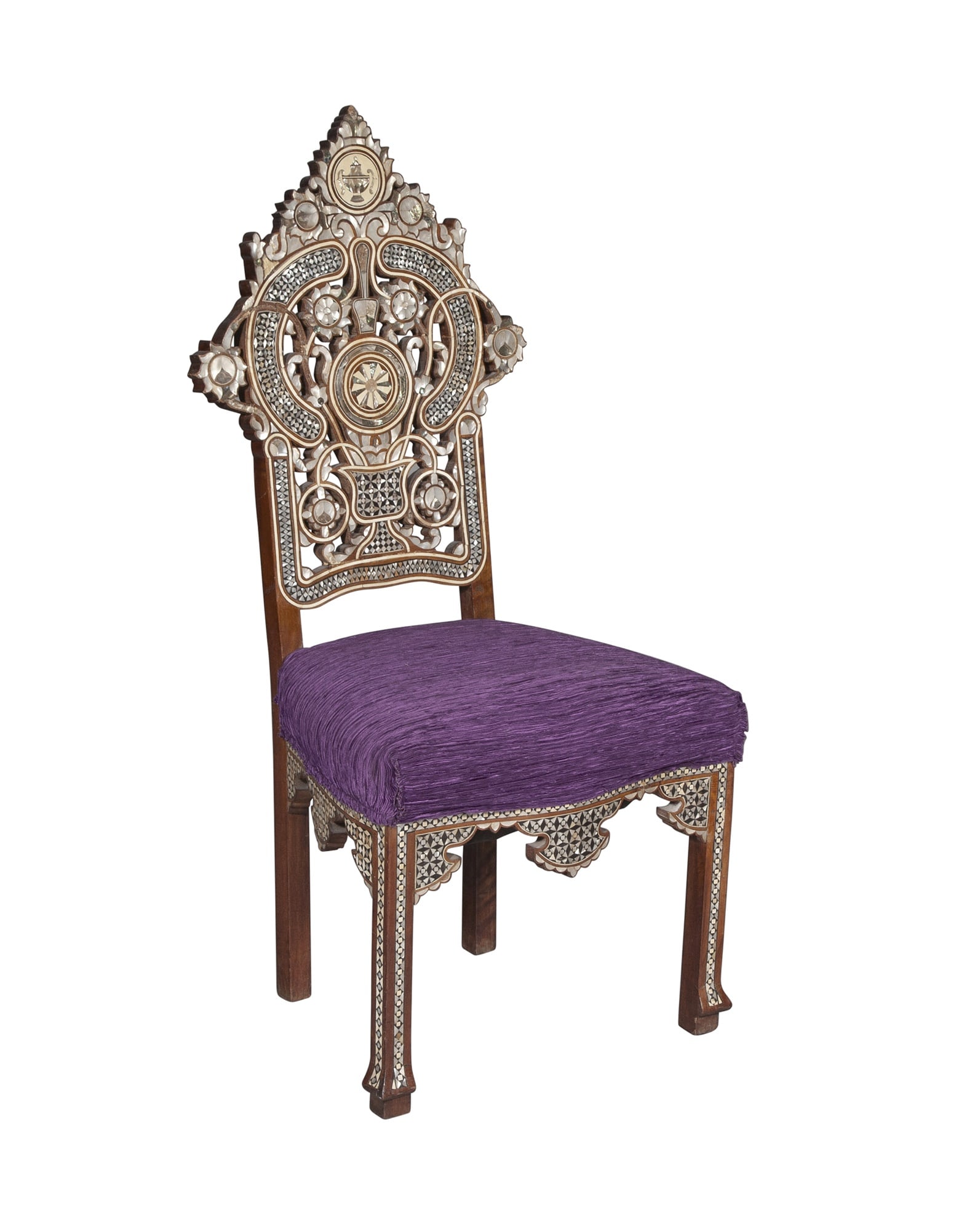Mother-of-Pearl Inset Side Chair: Height 49 inches, width 24 nches, depth of seat 22 inches. inlaid losses throughout