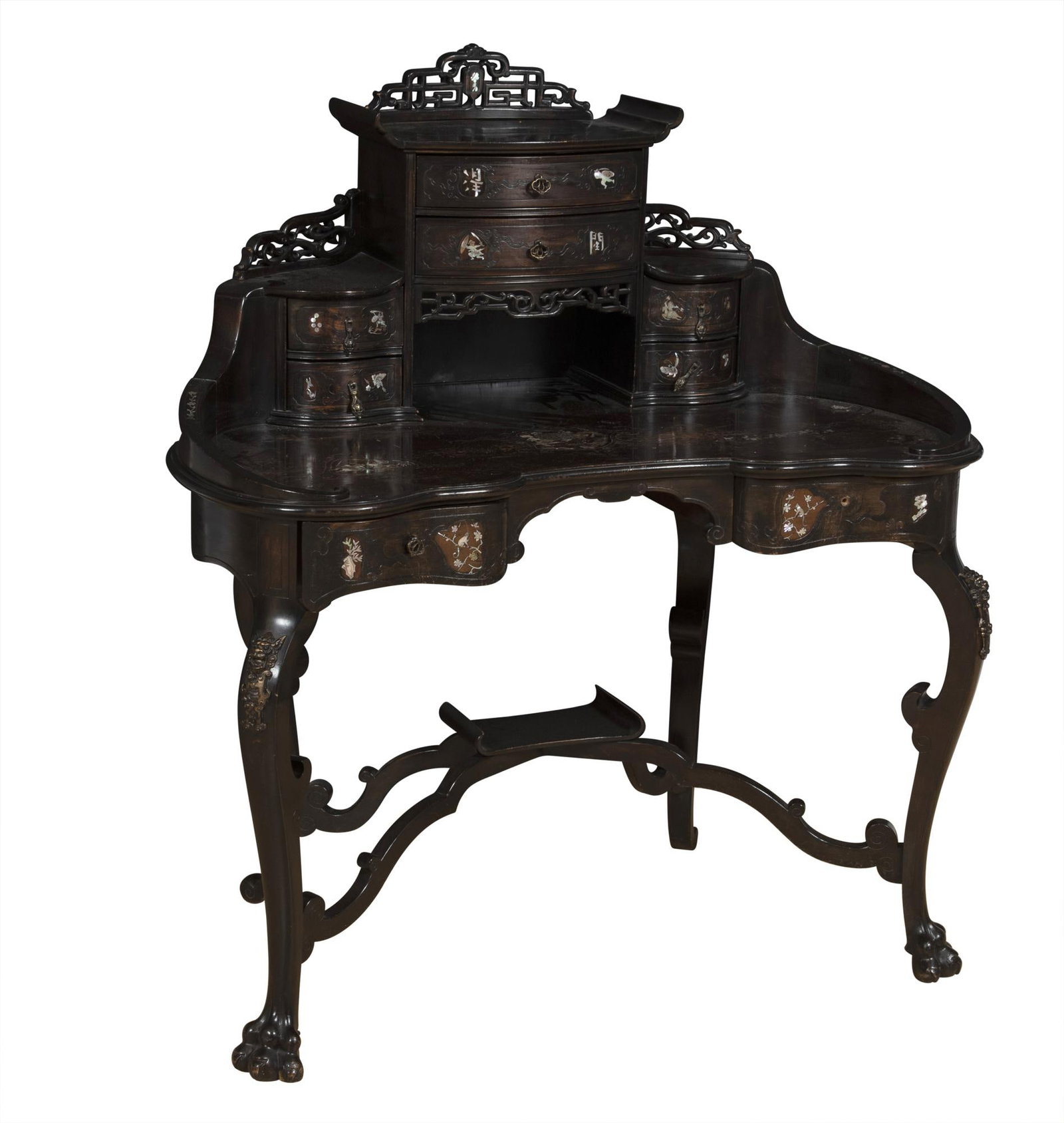 Chinese Mother-of-Pearl Inlaid Hardwood Desk: Height 49 inches, width 44 inches, depth 25 inches. extensive scratches to desktop; two bottom drawers open with a buttom mechanism; old marks and scratches; scuffs and wear