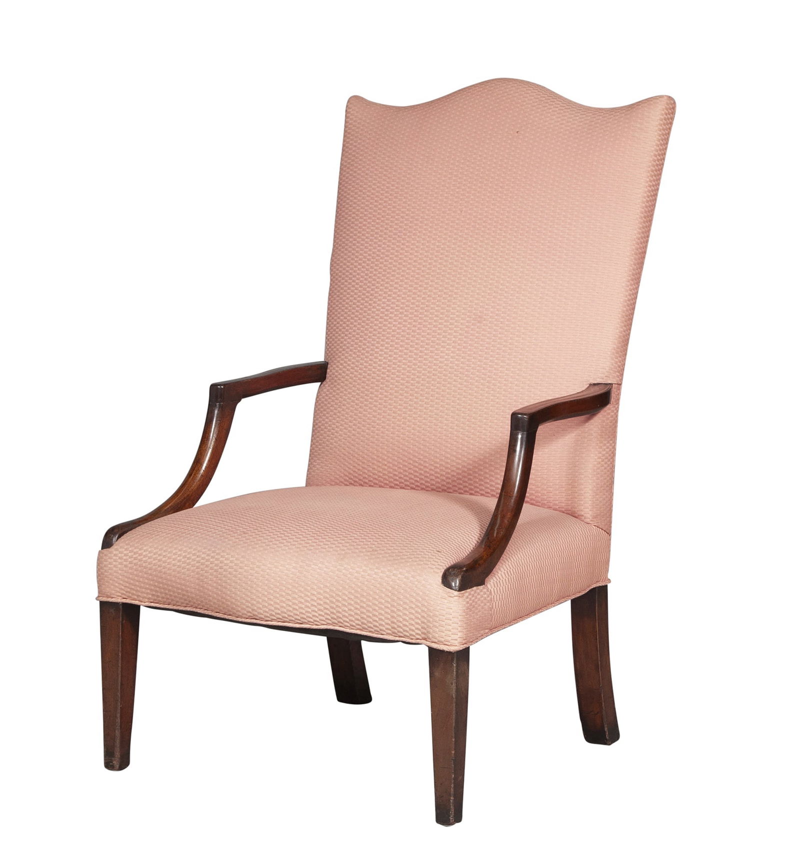 Federal Upholstered Mahogany Lolling Chair: Height 43 inches, width 25 1/2 inches, depth of seat 20 inches, height of seat 16 inches. staining and fading to upholstery; tears to corners; repairs to arms; edgewear to legs