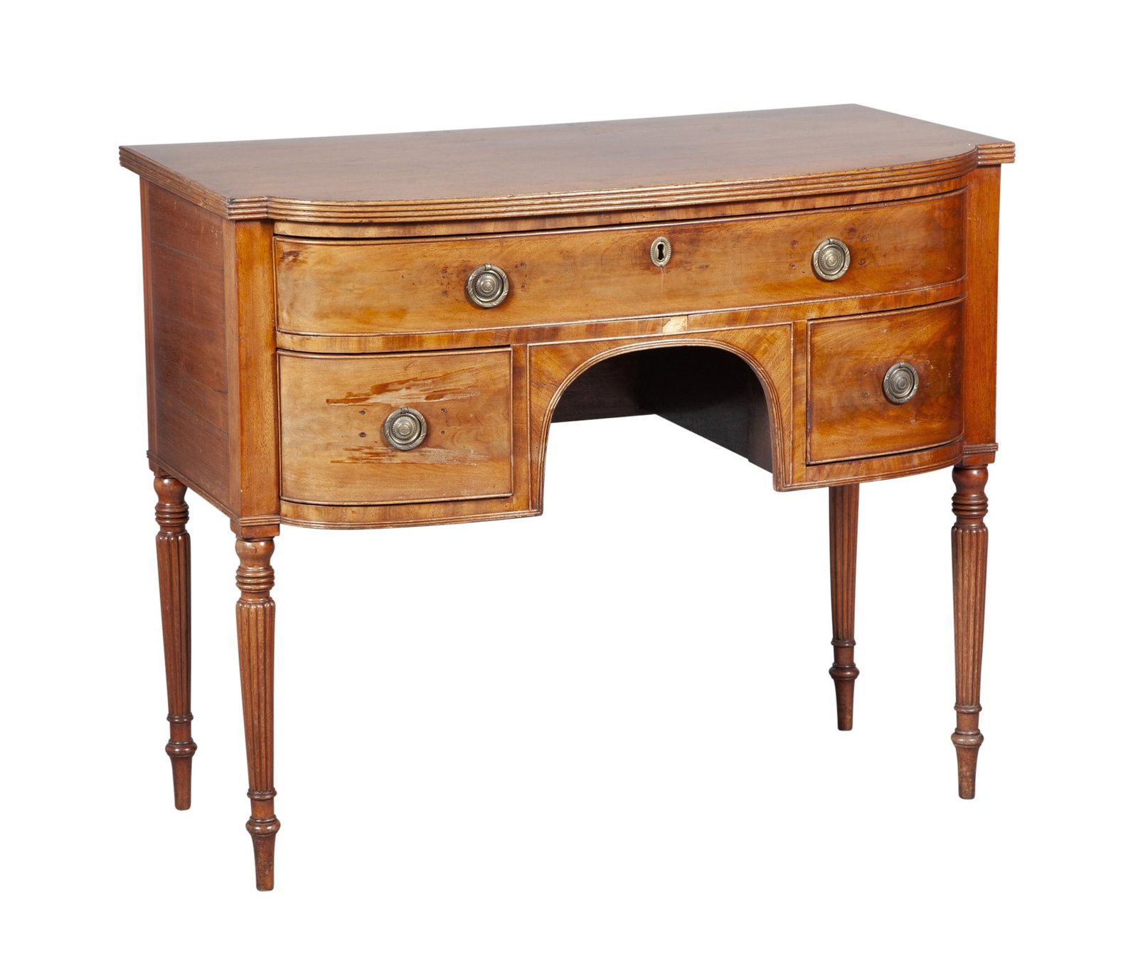 Federal Mahogany Sideboard: Height 22 inches, width 39 3/4 inches, depth 21 1/4 inches. sunfading; scratches; brasses replaced with plugged holes where old brasses were present; cracks to sides