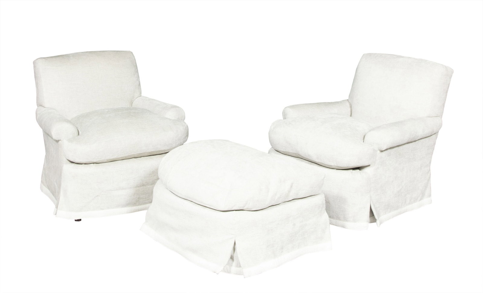 Pair of Upholstered Club Chairs and an Ottoman: Height of chair 30 inches, width 31 inches, depth of seat 22 inches, height of seat 18 inches.