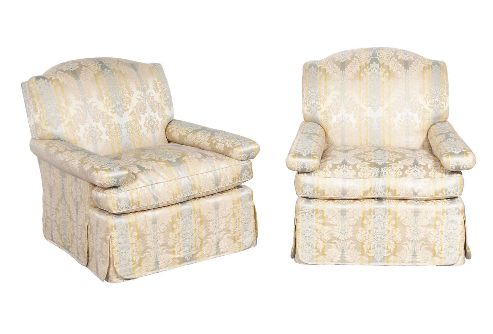 Pair of Upholstered Chairs: Height 35 inches, width 33 inches, depth of seat 20 inches, height of seat 17 inches.