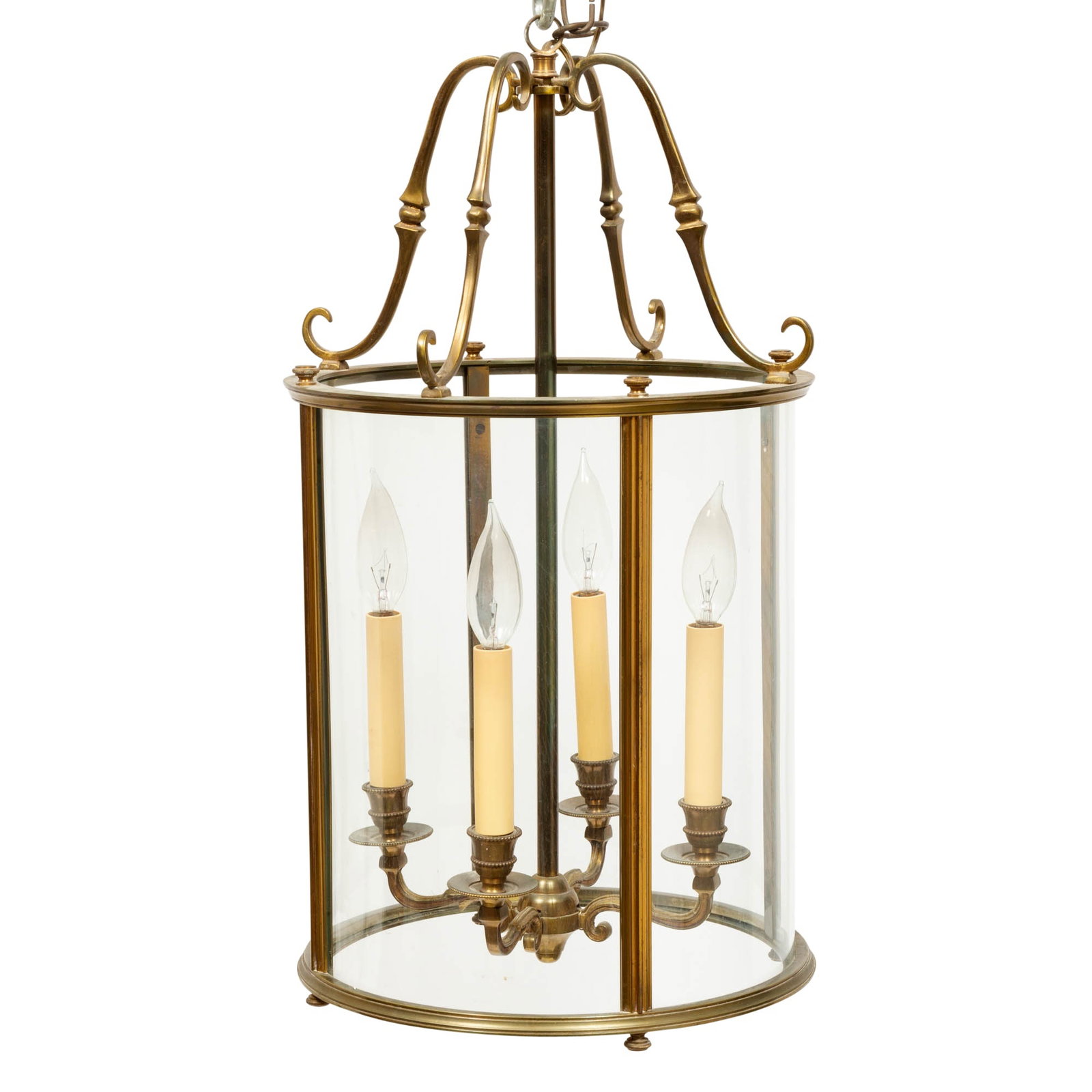 Gilt-Metal and Glass Four-Light Hall Lantern: Height 23 inches, diameter 13 inches.