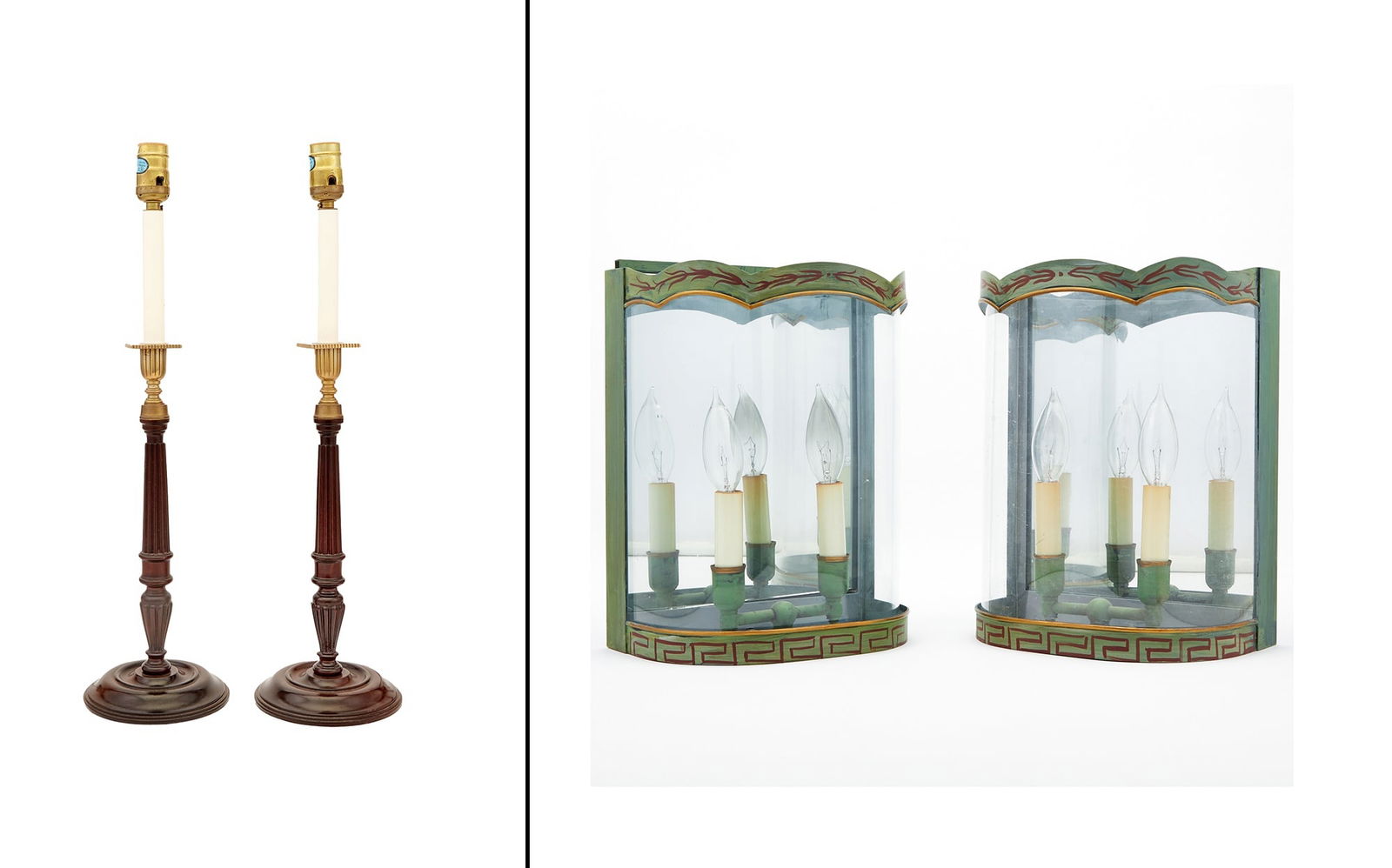 Pair of T?le-Peinte Wall Lanterns Together with a Pair of English Mahogany Candlestick Lamps (1 of 6)