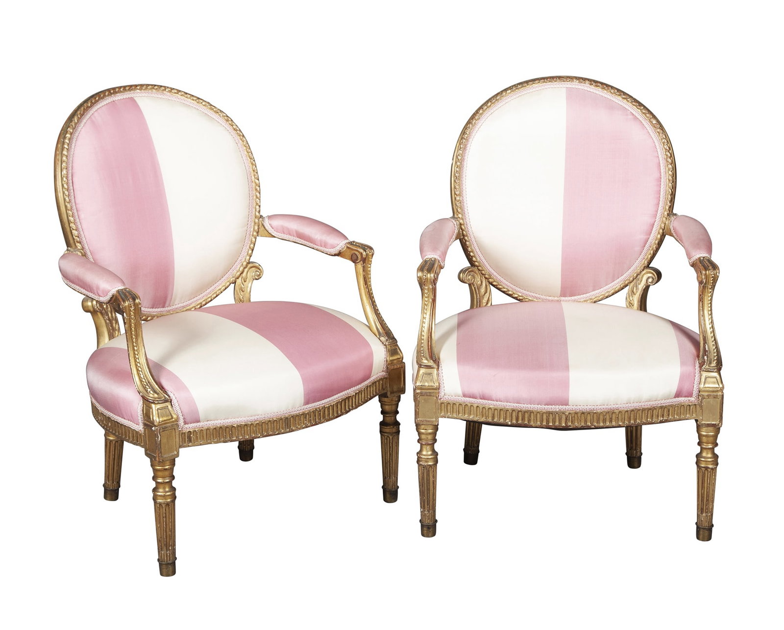 Pair of Louis XVI Style Giltwood Armchairs: Height 33 1/2 inches, width 23 1/2 inches, depth of seat 18 inches, height of seat 15 inches. soiling to upholstery; cracks to joints; flaking and losses to gilding