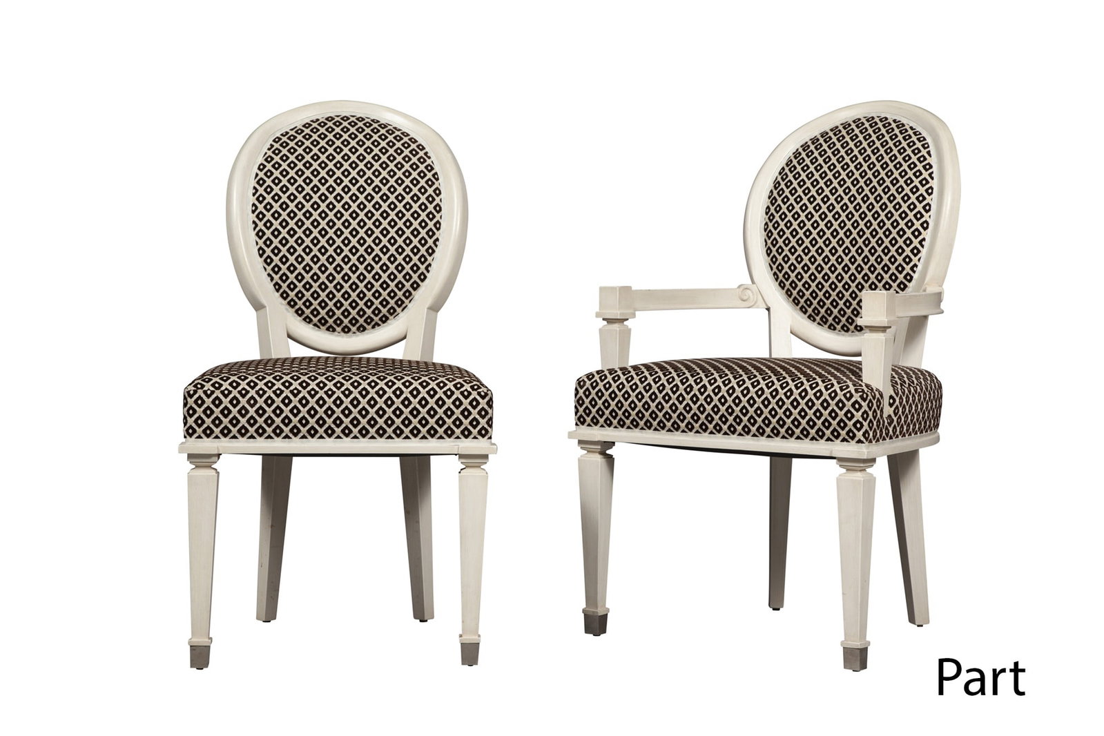 Set of Eight La Madeleine Style Dining Chairs: Comprising six side chairs and two armchairs. Height of armchair 38 inches, width 22 inches, depth of seat 20 inches, height of seat 18 1/2 inches.