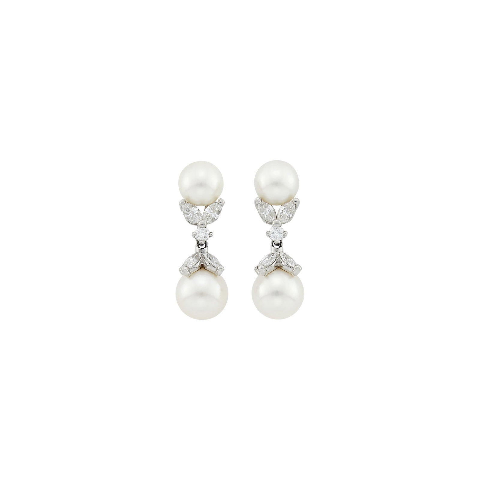 Tiffany & Co. Pair of Platinum, Cultured Pearl and Diamond 'Victoria' Pendant-Earrings: 4 pearls ap. 7.0 and 8.3 mm., 2 round and 12 marquise-shaped diamonds ap. 1.20 cts., signed T & Co. With signed box.