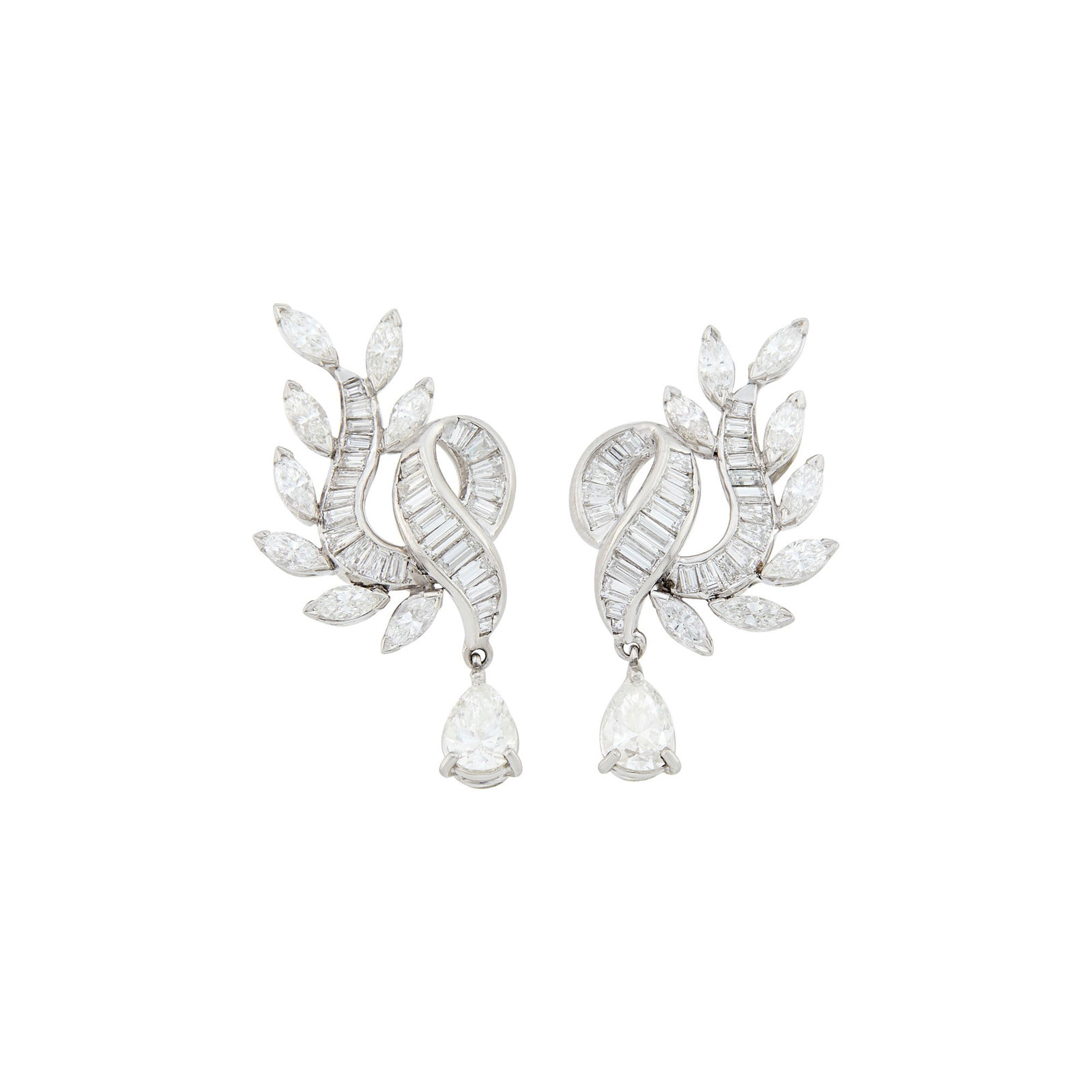 Pair of Platinum and Diamond Pendant-Earrings: 16 marquise-shaped and 54 baguette diamonds ap. 3.45 cts., 2 pear-shaped diamonds ap. 1.15 cts., ap. 10 dwts.