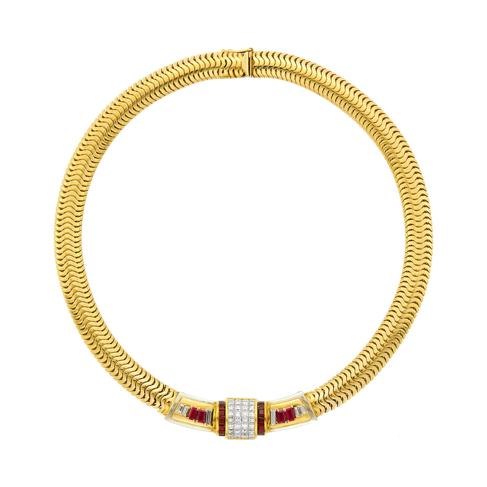 Two-Color Gold, Ruby and Diamond Snake Link Necklace: Estate / Collection: Property of a Holmby Hills Beverly Hills Lady 14 kt., 36 princess-cut and 6 baguette diamonds ap. 2.95 cts., 14 square and 7 rectangular-cut rubies, ap. 55.3 dwts. Length 14 1/2 i