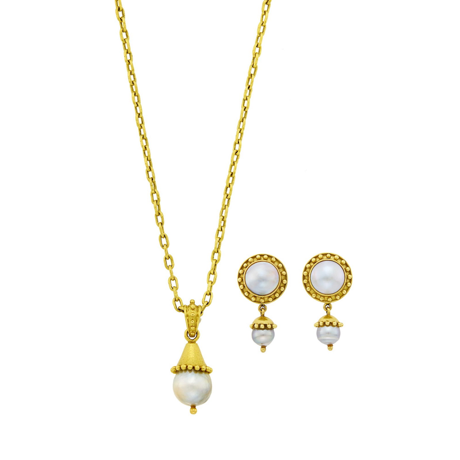 Gold and Gray Cultured Pearl Pendant with Chain Necklace and Elizbeth Locke Pair of Pendant-Earclips (1 of 1)