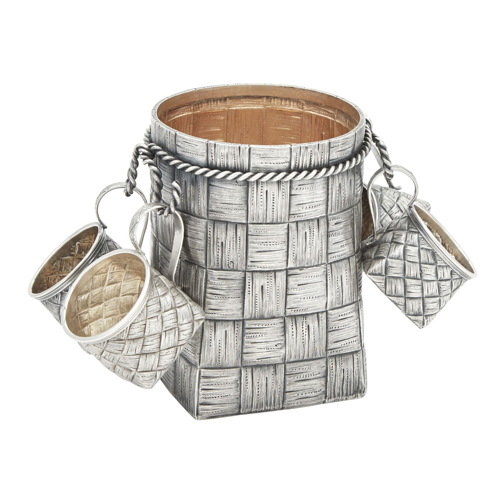 Russian Silver Trompe l’oeil Vodka Bottle Holder and Set of Four Cups (1 of 3)