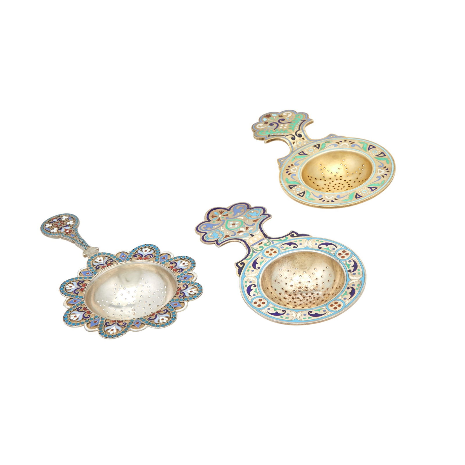 Three Russian Silver Cloisonné and Champlevé Enamel Tea Strainers (1 of 3)