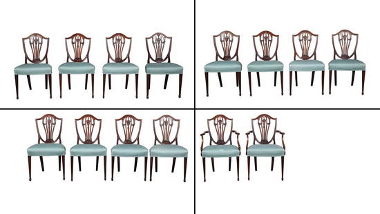 Set of Fourteen George III Style Mahogany Dining Chairs: Estate / Collection: Property from a Fifth Avenue Apartment After a design by Thomas Sheraton, comprising two armchairs and twelve side chairs, each armchair with pierced shield back with swagged urn-