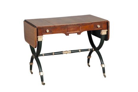 Regency Rosewood, Painted and Gilt Games Table, attributed to John McLean: The rectangular top with drop leaves and central panel sliding open to a leather-lined backgammon board and reversing to an inlaid chessboard, the stepped frieze with two mahogany-lined drawers oppose