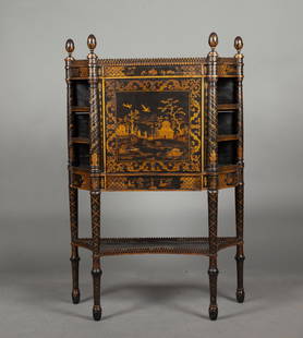 George III Black and Gilt-Japanned and Satinwood Secretaire Cabinet: Estate / Collection: The Manolovici Collection After a design by Thomas Sheraton, 1793, the galleried top mounted with corner finials above a conforming case fitted a spring-released frieze drawer ove