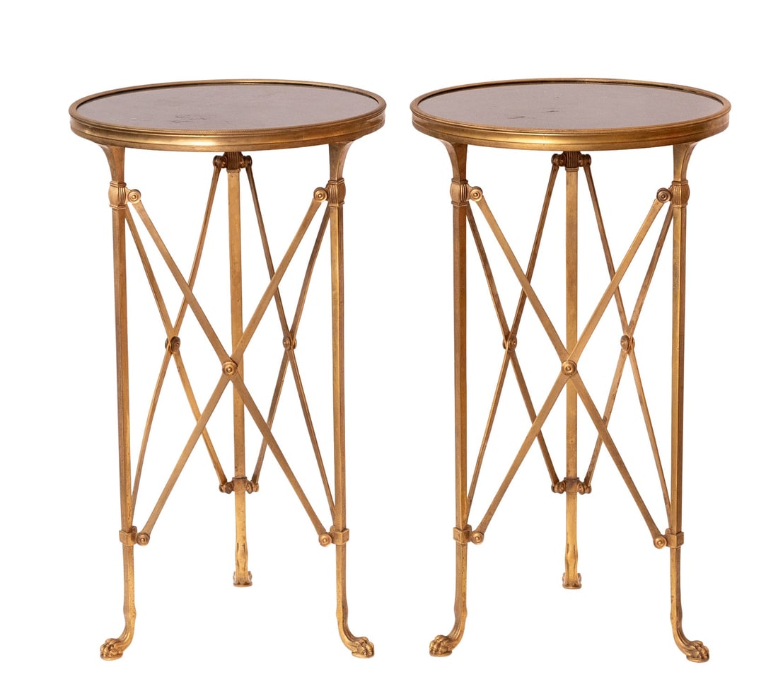 Pair of Neoclassical Style Gilt-Bronze and Marble Gueridons: Each circular top raised on tapering legs with X-form braces and ending in paw feet. Height 28 inches, diameter 16 1/4 inches.