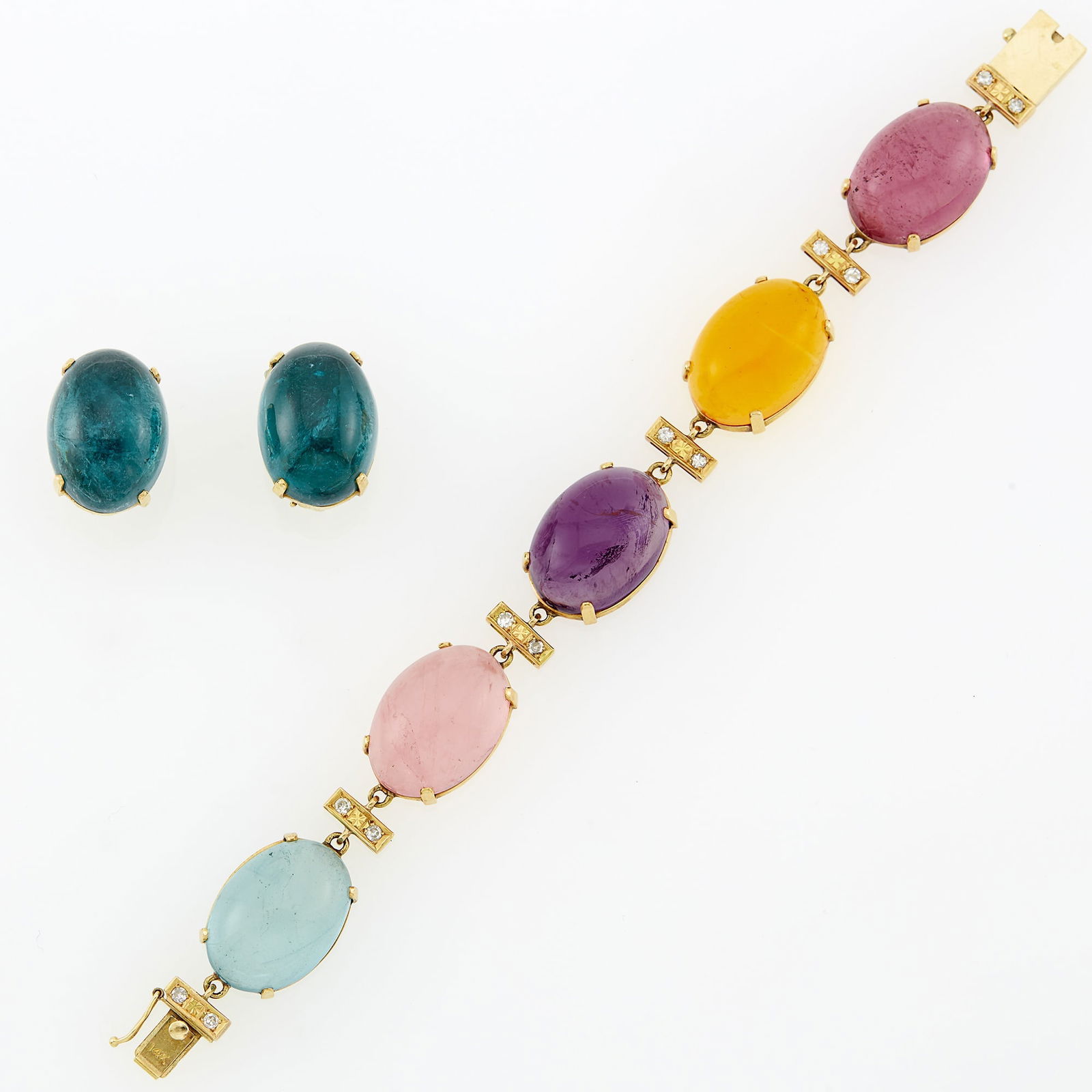 Gold and Cabochon Gem-Set Bracelet and Pair of Earrings (1 of 1)