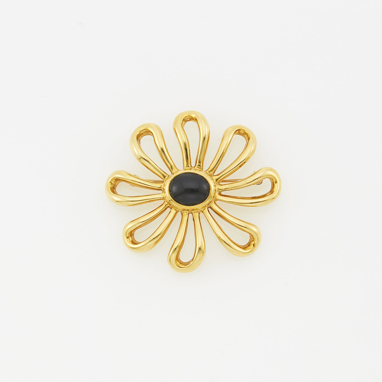 Tiffany & Co., Paloma Picasso Gold and Cabochon Black Onyx Flower Brooch: 18 kt., one oval cabochon black onyx, signed Tiffany & Co., Paloma Picasso, 1981, ap. 11.3 dwts.