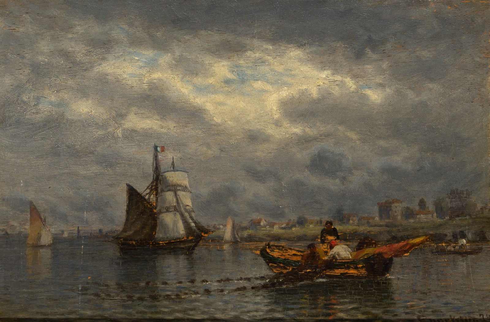 John Joseph Enneking: American, 1841-1916 Harbor View, 1874 Signed Enneking and dated 74 (lr) Oil on panel 8 x 12 inches Provenance: Adelson Gallery, Boston Framed: 14 5/8 x 18 5/8 inches