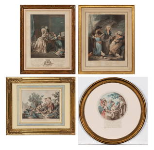 Louis Le Coeur after Francois Nicolas Mouchet: LES CHAGRINS DE L'ENFANCE Color aquatint with etching and engraving by Louis Le Coeur, framed; Together with After Thomas Stothard (1755-1834) TENANTS FAMILY, hand-colored stipple engraving by