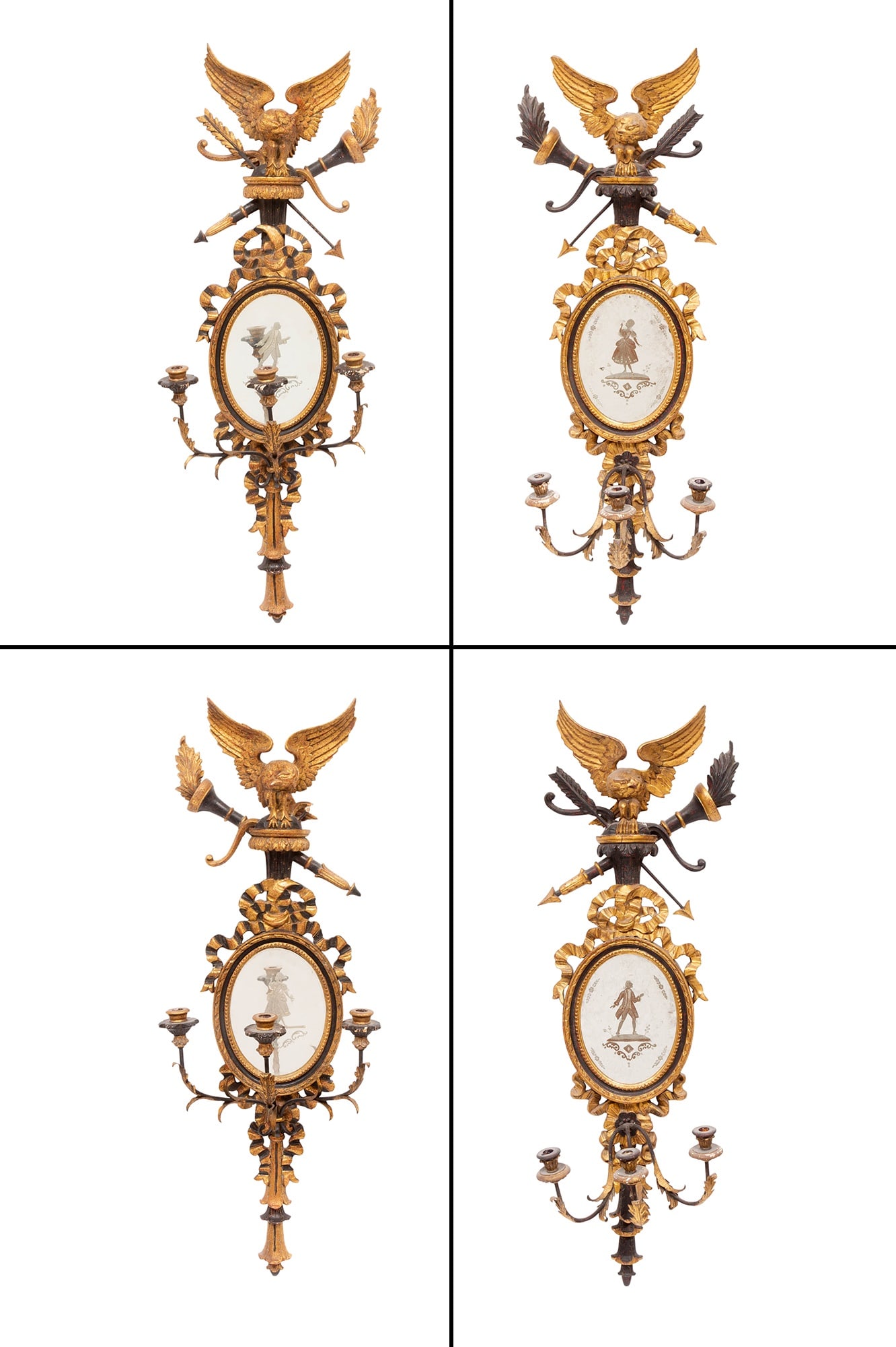Set of Four Large Classical Style Giltwood and Black Painted Mirrored Sconces (1 of 10)