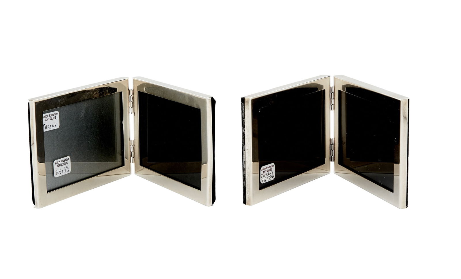 Two Tiffany & Co. Sterling Folding Double Picture Frames 20th Century: Estate / Collection: The Alice Kwartler Collection Height of panel 3 inches, width 4 1/4 inches.