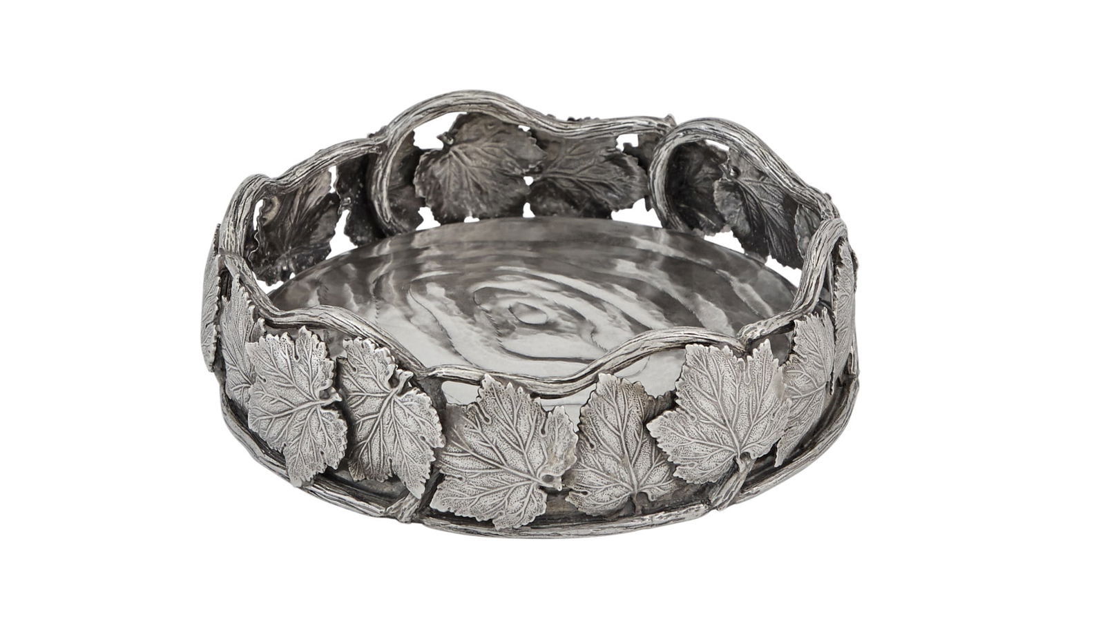 Buccellati Sterling Silver Wine Coaster 20th century: Estate / Collection: The Alice Kwartler Collection The gallery as a band of naturalistic grape leaves and vines. Diameter 4 1/2 inches, approximately 6 ounces.