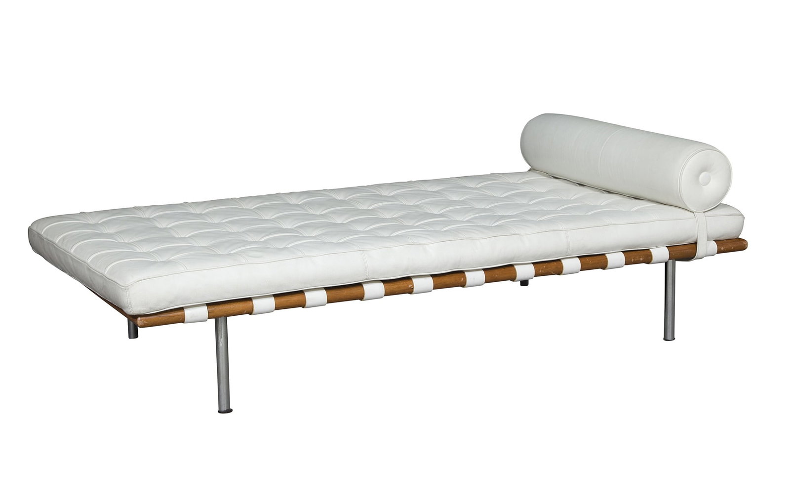 Mahogany Upholstered and Chromed Metal "Barcelona" Style Daybed After Mies van der Rohe, recent: Height 18 inches, width 37 inches, depth 6 feet 5 inches.