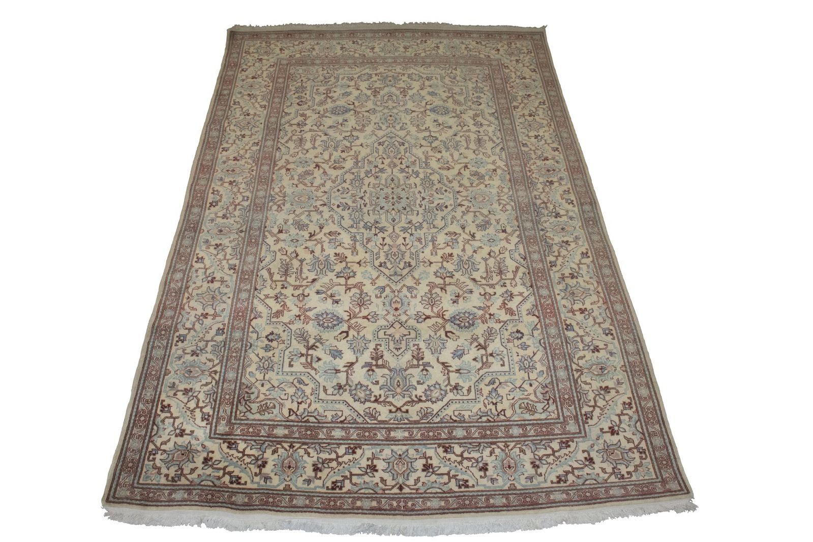 Kashan Rug: Estate / Collection: From a Private Collection in New York City Central Iran, Mid-20th Century The central geometric pendant medallion on the ivory field is within a palmette and leaf border. 6' 10" x