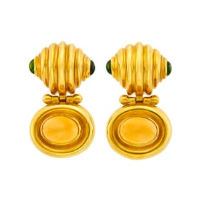 Pair of Gold, Cabochon Citrine and Tourmaline Pendant-Earrings