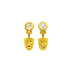 Julius Cohen Pair of Gold, Diamond and Colored Diamond 'Comedy and Tragedy Mask' Pendant-Earclips