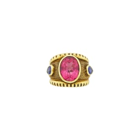 Wide Gold, Pink Tourmaline and Sapphire Ring