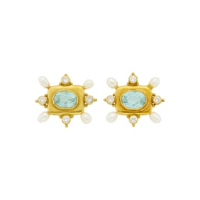 Elizabeth Gage Pair of Gold, Tourmaline, Diamond and Freshwater Pearl Earrings
