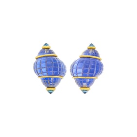 Seaman Schepps Pair of Gold, Carved Rock Crystal, Blue Chalcedony and Blue Topaz Shell Earclips