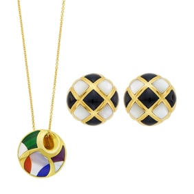 Pair of Gold, Mother-of-Pearl and Black Onyx Earclips and Asch Grossbardt Pendant with Chain