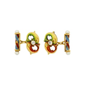 Pair of Gold, Enamel, Pearl and Diamond 'Pisces' Cufflinks