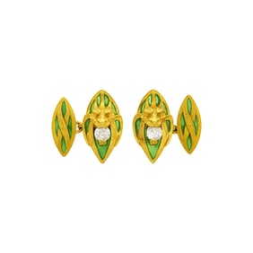 Pair of Art Nouveau Gold, Plique-à-Jour Green Enamel and Diamond Gargoyle Cufflinks