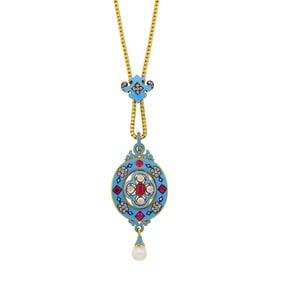 Antique Gold, Turquoise Enamel, Diamond, Ruby and Pearl Pendant Snake Chain Slide Necklace