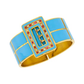 Antique Gold, Turquoise Enamel, Diamond and Ruby Cuff Buckle Bracelet, France
