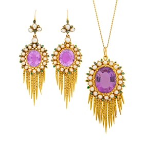 Antique Gold, Amethyst, Split Pearl and Emerald Fringe Pendant with Chain Necklace and Pair of