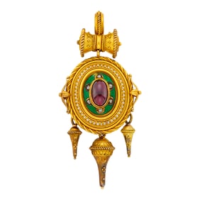 Archaeological Revival Gold, Cabochon Garnet, Enamel and Diamond Pendant