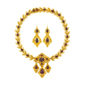 Antique Gold and Cabochon Garnet Necklace/Bracelet and Pair of Pendant-Earrings