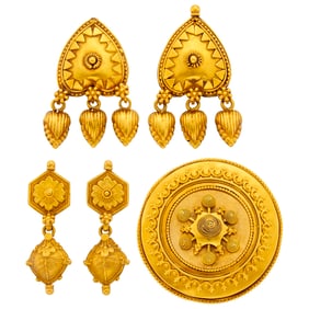 Etruscan Revival Gold Brooch and Two Pairs of Pendant-Earrings
