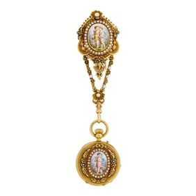 Antique Variegated Gold, Portrait Miniature and Split Pearl Pendant-Watch Lapel Clip-Brooch, France
