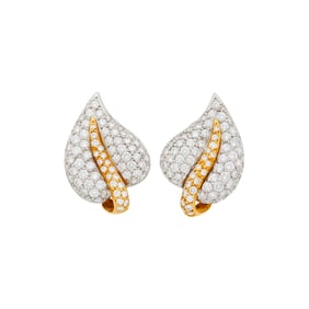 Pair of Platinum, Gold and Diamond Leaf Earrings