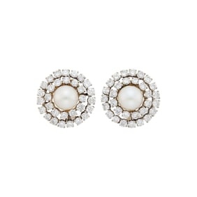 Pair of Gold-Plated White Gold, Cultured Pearl and Diamond Earrings