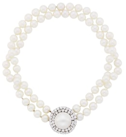 Double Strand Cultured Pearl Necklace with Platinum, White Gold, Mabé Pearl and Diamond