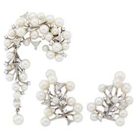 White Gold, Cultured Pearl and Diamond Pendant-Brooch and David Webb Pair of Earclips