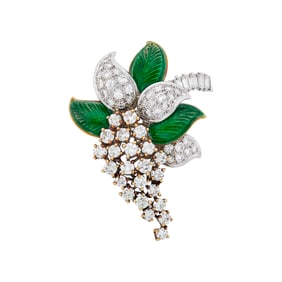 Two-Color Gold, Diamond and Green Enamel Brooch