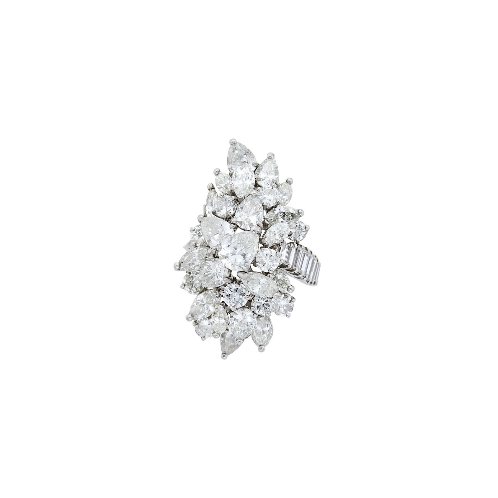 White Gold and Diamond Cluster Ring: 10 round, 8 pear and 13 marquise-shaped diamonds ap. 7.25 cts., 10 baguette diamonds ap. .75 ct., ap. 8.5 dwts. Size 5 1/2.